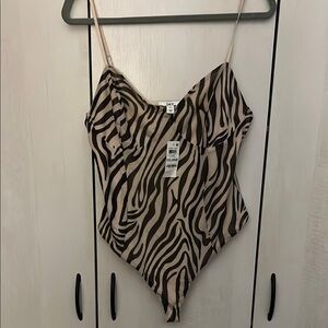 Cream and Brown Sleeveless Bodysuit with Asymmetrical Fitted Style